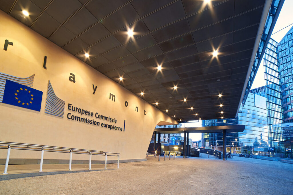 Brussels, Belgium, 4 April 2019 - Entrance of the Berlaymont building, headquarters of the European Commission with the organization logo.