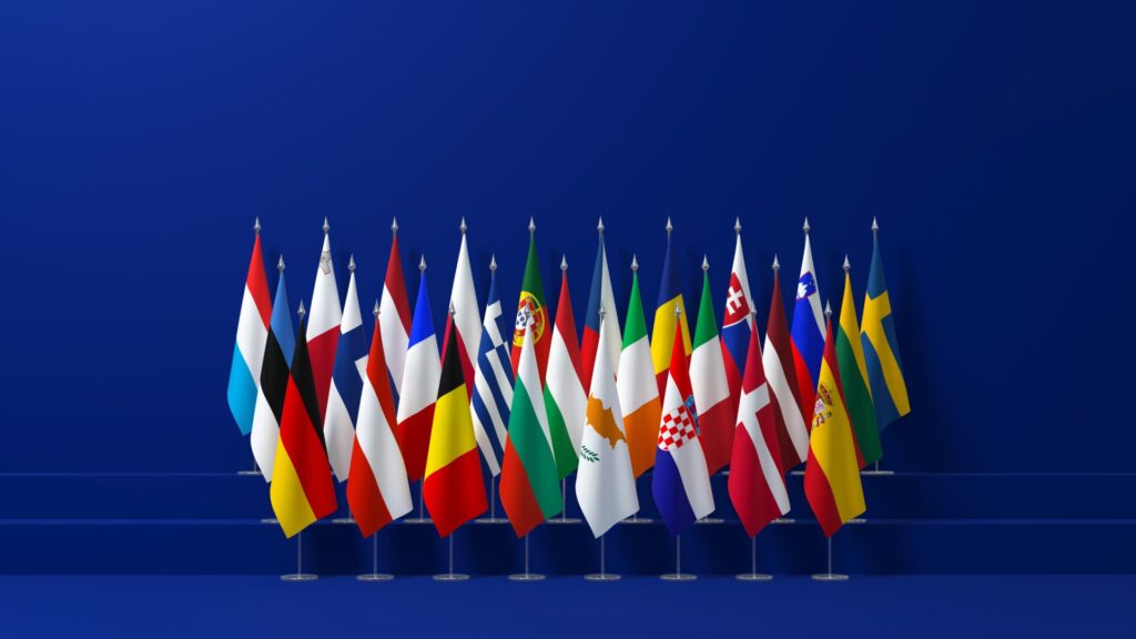 all European Union member state flags on a blue background - 3D rendering