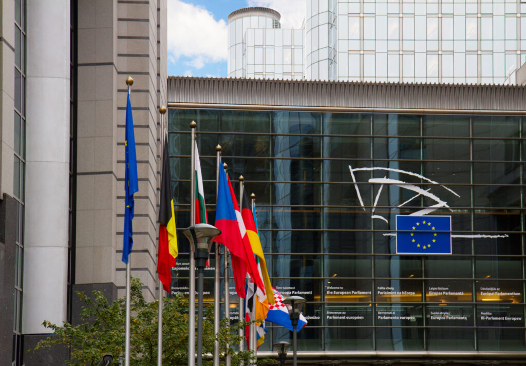 European flags in front of the Europen parlament in Brussels, Belgium
